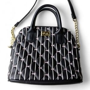 Betsey Johnson Embroidered Bows Crossbody Bag Black Quilted Faux Leather & Charm